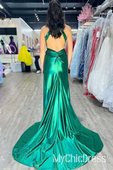 Vestido de fiesta de corte de espejo con cuello alto y lentejuelas de color verde sirena, económico